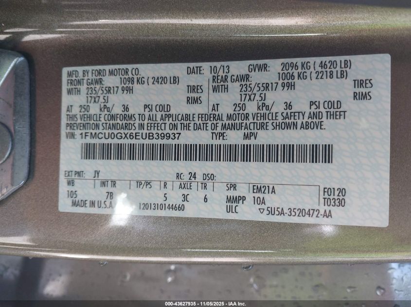 2014 Ford Escape Se VIN: 1FMCU0GX6EUB39937 Lot: 43627935