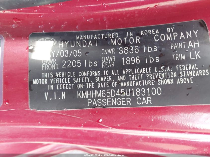 2005 Hyundai Tiburon Gs VIN: KMHHM65D45U183100 Lot: 43627934