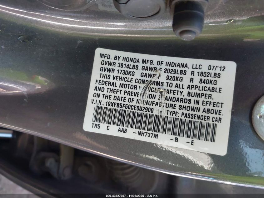 2012 Honda Civic Natural Gas VIN: 19XFB5F50CE002900 Lot: 43627957