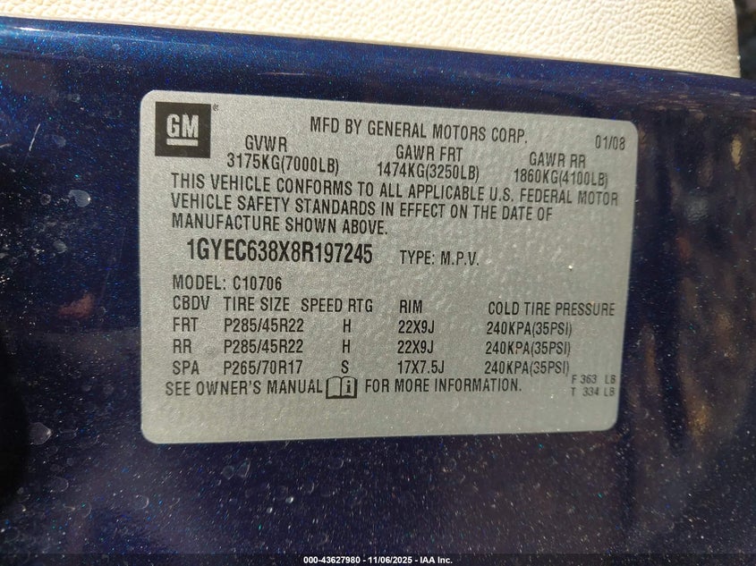 2008 Cadillac Escalade Standard VIN: 1GYEC638X8R197245 Lot: 43627980