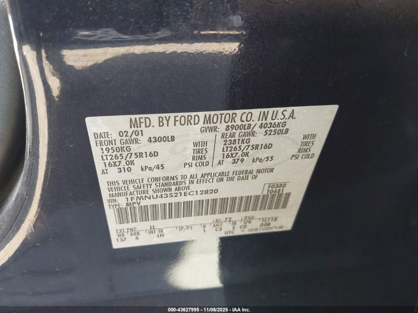 2001 Ford Excursion Limited VIN: 1FMNU43S21EC12820 Lot: 43627995