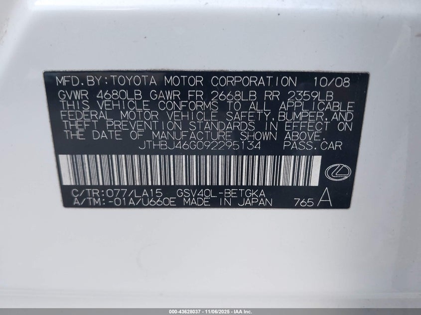 JTHBJ46G092295134 2009 LEXUS ES photo no. 9