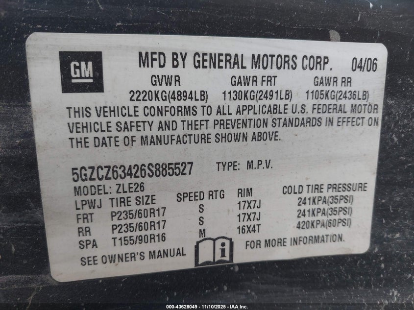 2006 Saturn Vue V6 VIN: 5GZCZ63426S885527 Lot: 43628049