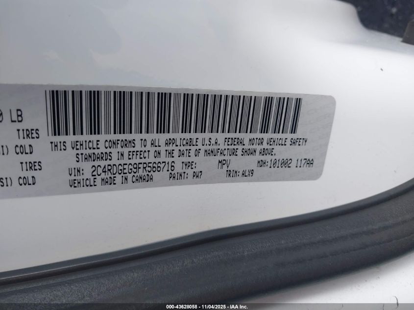 2015 Dodge Grand Caravan R/T VIN: 2C4RDGEG9FR566716 Lot: 43628058