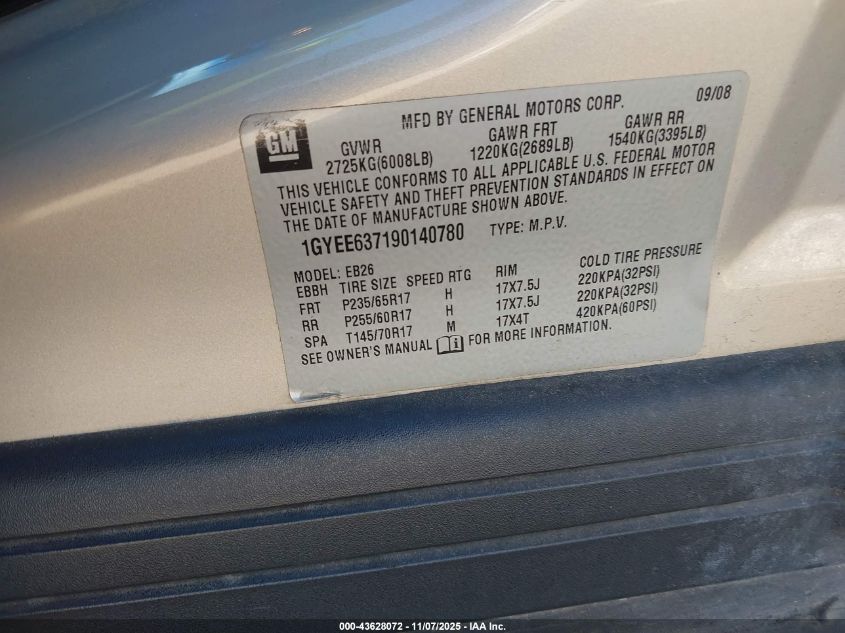 2009 Cadillac Srx V6 VIN: 1GYEE637190140780 Lot: 43628072