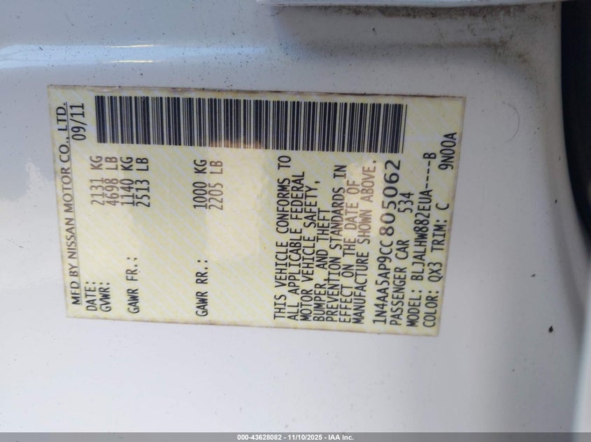 2012 Nissan Maxima 3.5 Sv VIN: 1N4AA5AP9CC805062 Lot: 43628082