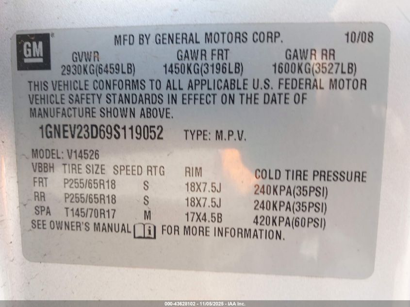 2009 Chevrolet Traverse Lt VIN: 1GNEV23D69S119052 Lot: 43628102