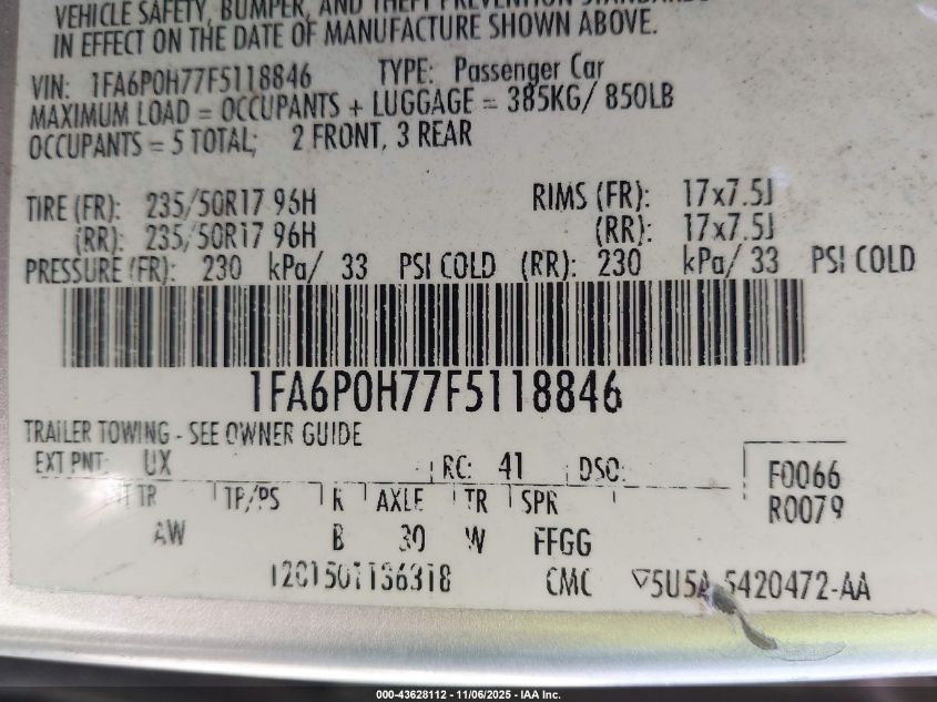 2015 Ford Fusion Se VIN: 1FA6P0H77F5118846 Lot: 43628112