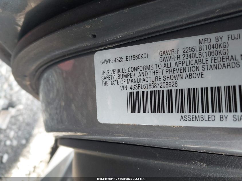 2008 Subaru Legacy 2.5I VIN: 4S3BL616587208626 Lot: 43628118