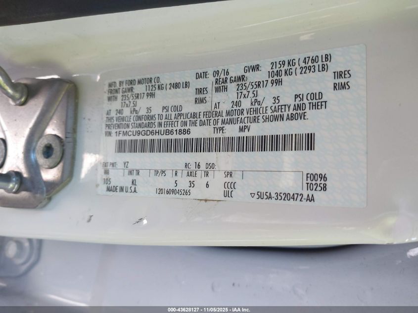 2017 Ford Escape Se VIN: 1FMCU9GD6HUB61886 Lot: 43628127