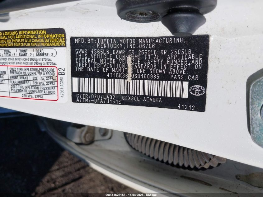 2006 Toyota Avalon Xls VIN: 4T1BK36B96U160985 Lot: 43628158