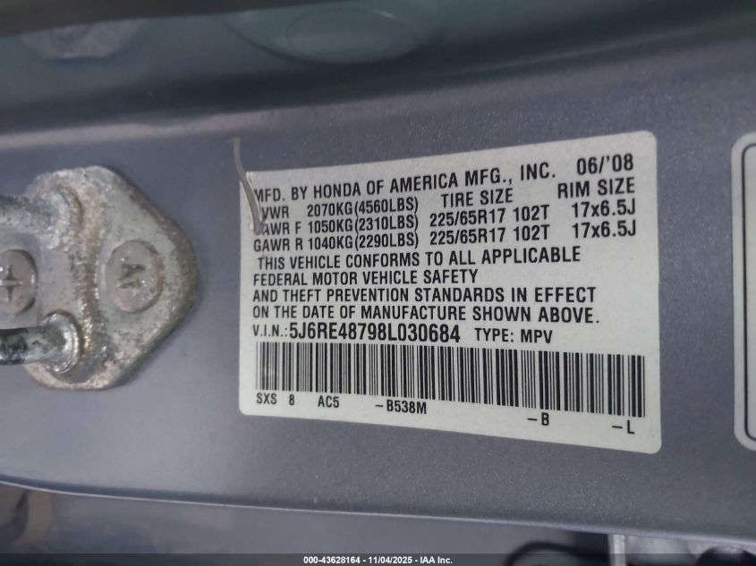 2008 Honda Cr-V Ex-L VIN: 5J6RE48798L030684 Lot: 43628164