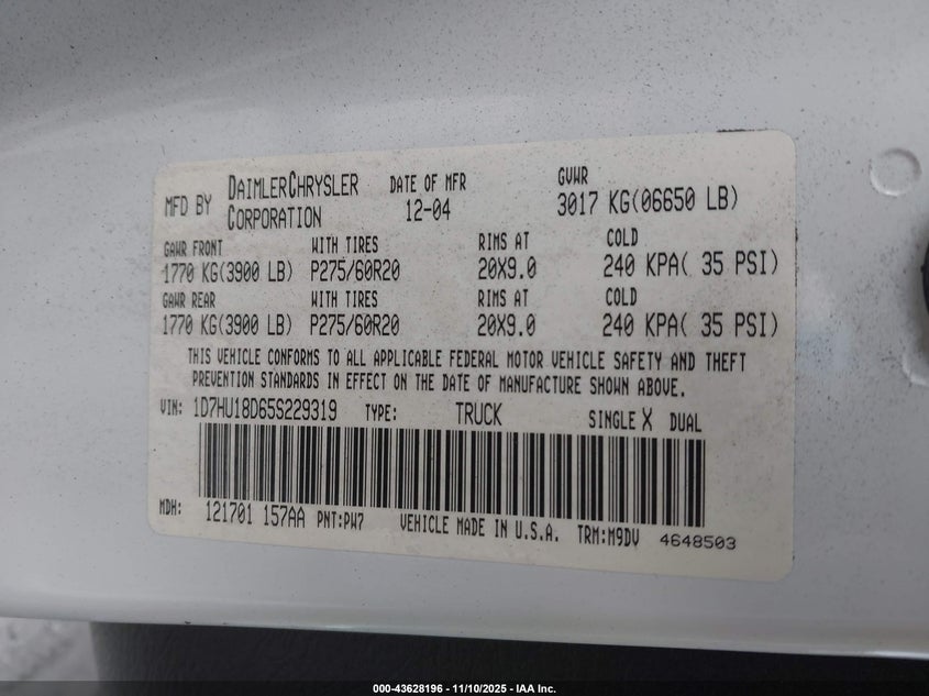 2005 Dodge Ram 1500 Slt/Laramie VIN: 1D7HU18D65S229319 Lot: 43628196