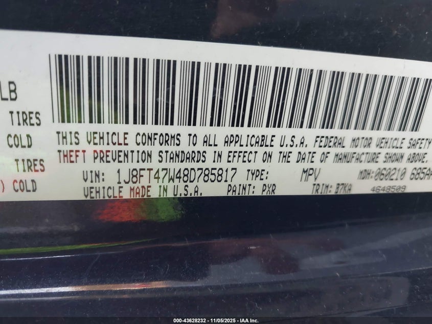 2008 Jeep Compass Sport VIN: 1J8FT47W48D785817 Lot: 43628232