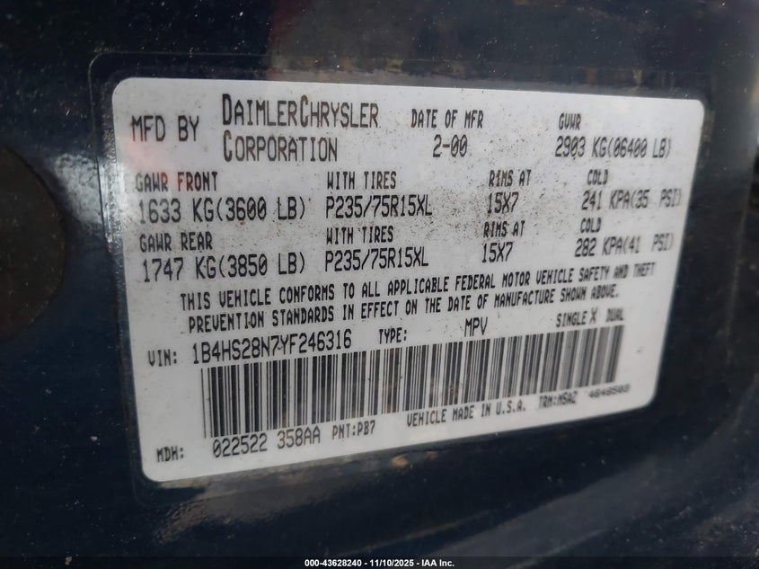 1B4HS28N7YF246316 2000 DODGE DURANGO photo no. 9