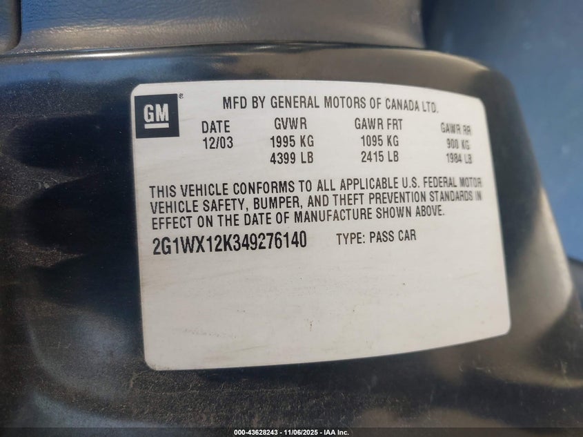 2004 Chevrolet Monte Carlo Ss VIN: 2G1WX12K349276140 Lot: 43628243