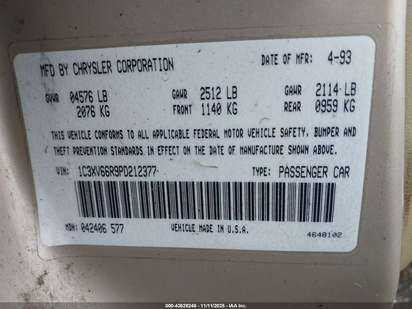 1993 Chrysler New Yorker Fifth Avenue VIN: 1C3XV66R9PD212377 Lot: 43628246
