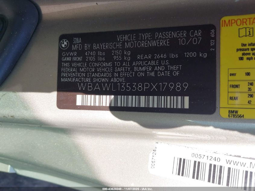 2008 BMW 328I VIN: WBAWL13538PX17989 Lot: 43628249