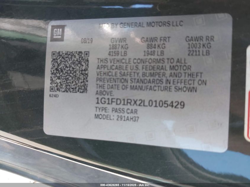 2020 Chevrolet Camaro Rwd 2Lt VIN: 1G1FD1RX2L0105429 Lot: 43628265