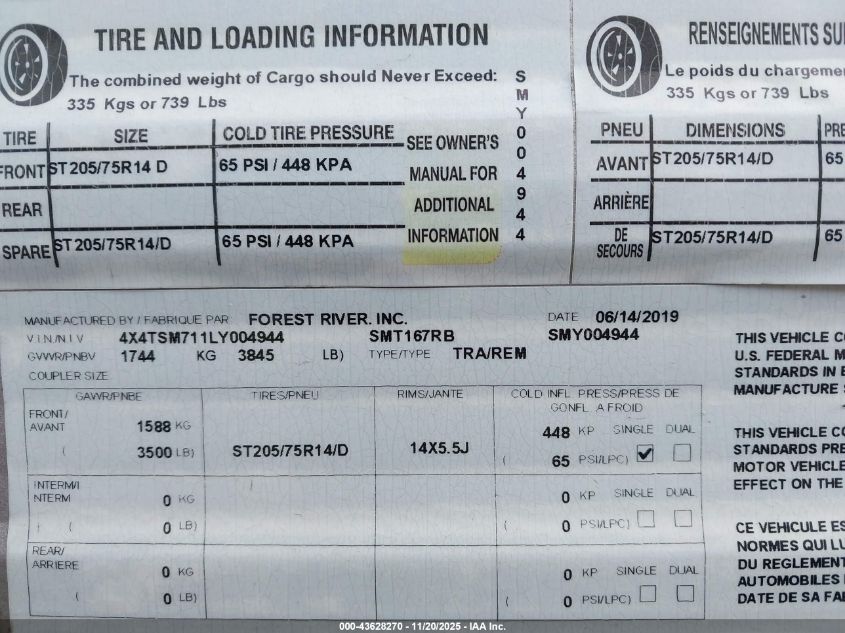 2020 Salem Fsx Series 167Rbk VIN: 4X4TSM711LY004944 Lot: 43628270