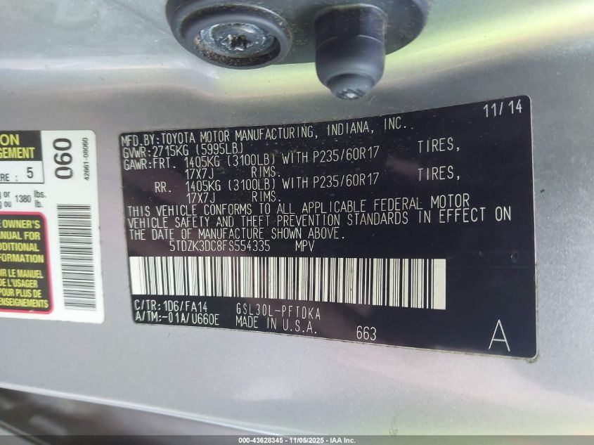 2015 Toyota Sienna L 7 Passenger VIN: 5TDZK3DC8FS554335 Lot: 43628345