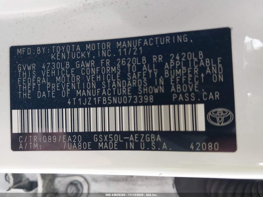 2022 Toyota Avalon Xle VIN: 4T1JZ1FB5NU073398 Lot: 43628350