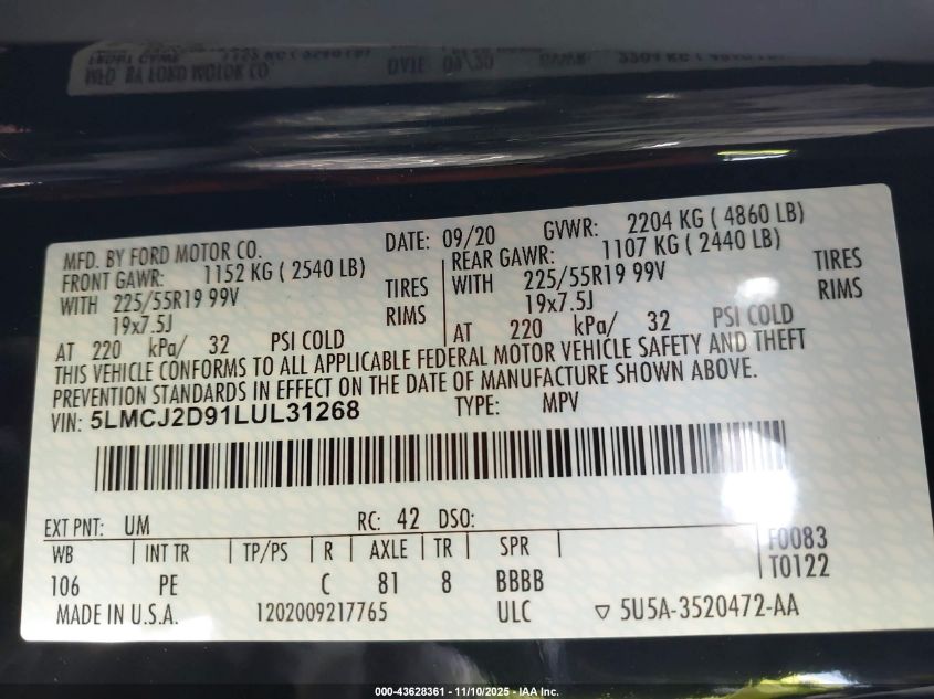 2020 Lincoln Corsair Reserve VIN: 5LMCJ2D91LUL31268 Lot: 43628361