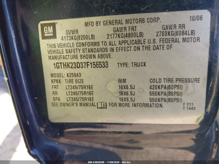 2007 GMC Sierra 2500Hd Classic Slt VIN: 1GTHK23D37F156533 Lot: 43628386