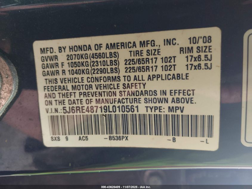2009 Honda Cr-V Ex-L VIN: 5J6RE48719L010561 Lot: 43628409