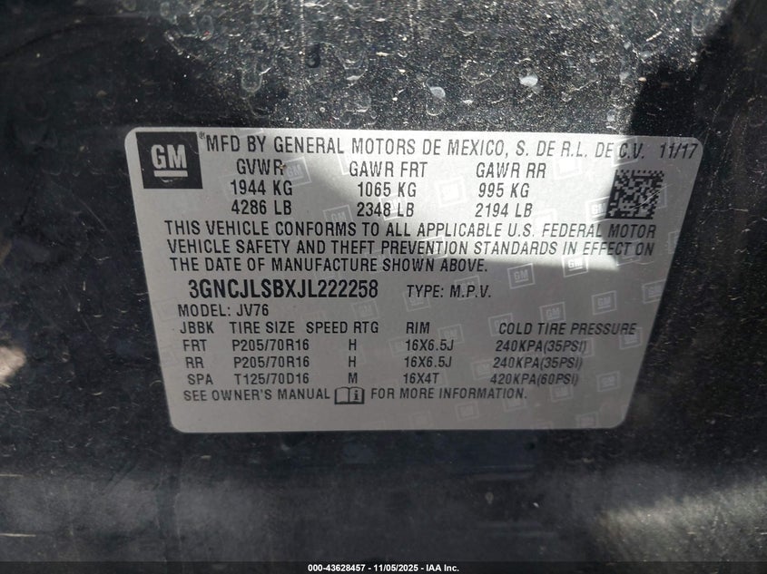 2018 CHEVROLET TRAX LT 3GNCJLSBXJL222258