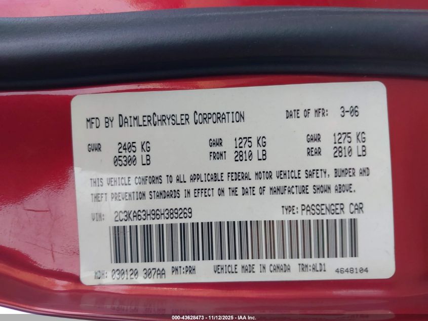 2006 Chrysler 300C VIN: 2C3KA63H96H389269 Lot: 43628473