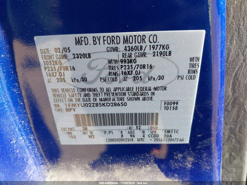 2005 Ford Escape Xls VIN: 1FMYU02Z85KD28650 Lot: 43628484