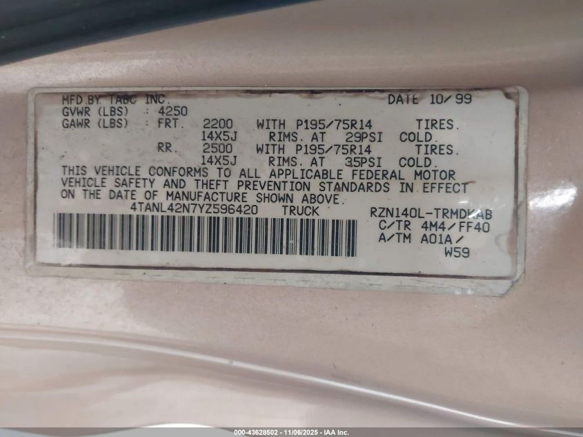 2000 Toyota Tacoma VIN: 4TANL42N7YZ596420 Lot: 43628502