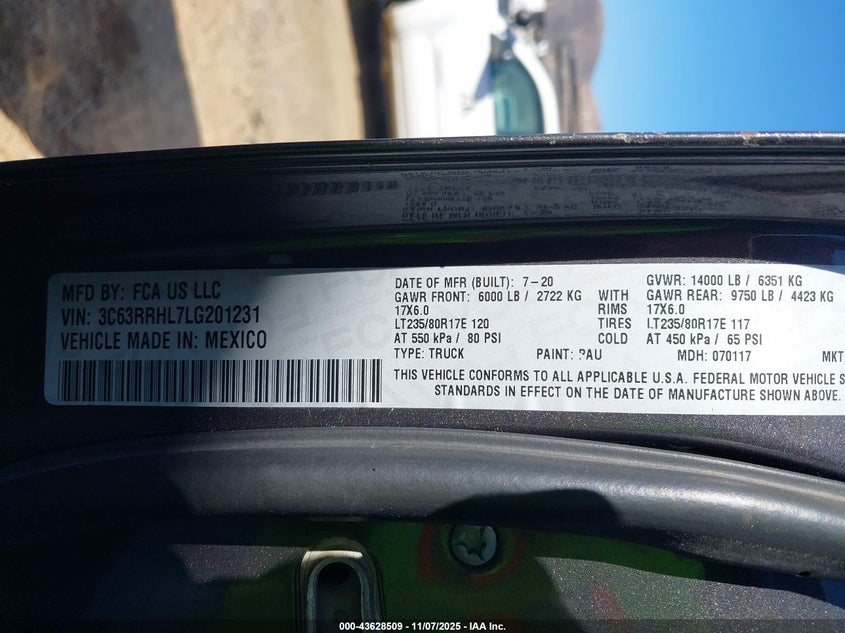 2020 Ram 3500 Big Horn 4X4 8' Box VIN: 3C63RRHL7LG201231 Lot: 43628509