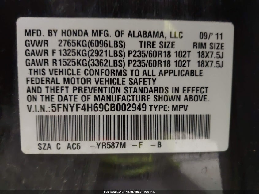 5FNYF4H69CB002949 2012 HONDA PILOT photo no. 9