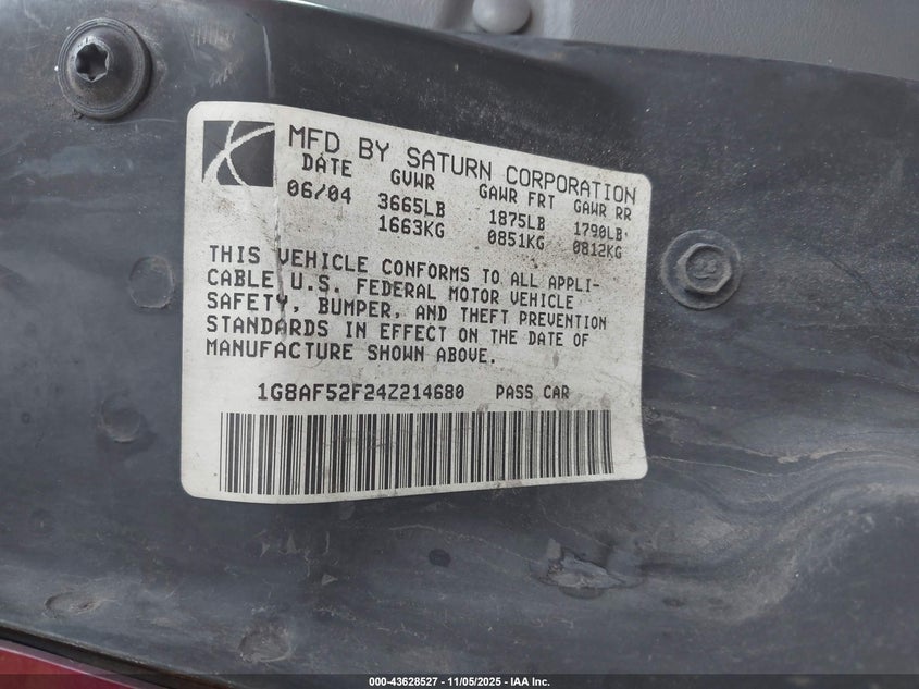 2004 Saturn Ion 1 VIN: 1G8AF52F24Z214680 Lot: 43628527