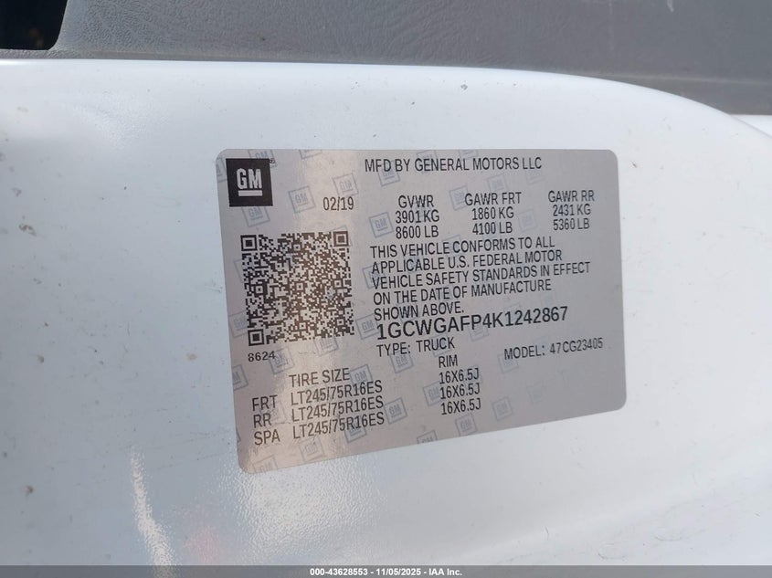 2019 CHEVROLET EXPRESS 2500 WORK VAN 1GCWGAFP4K1242867