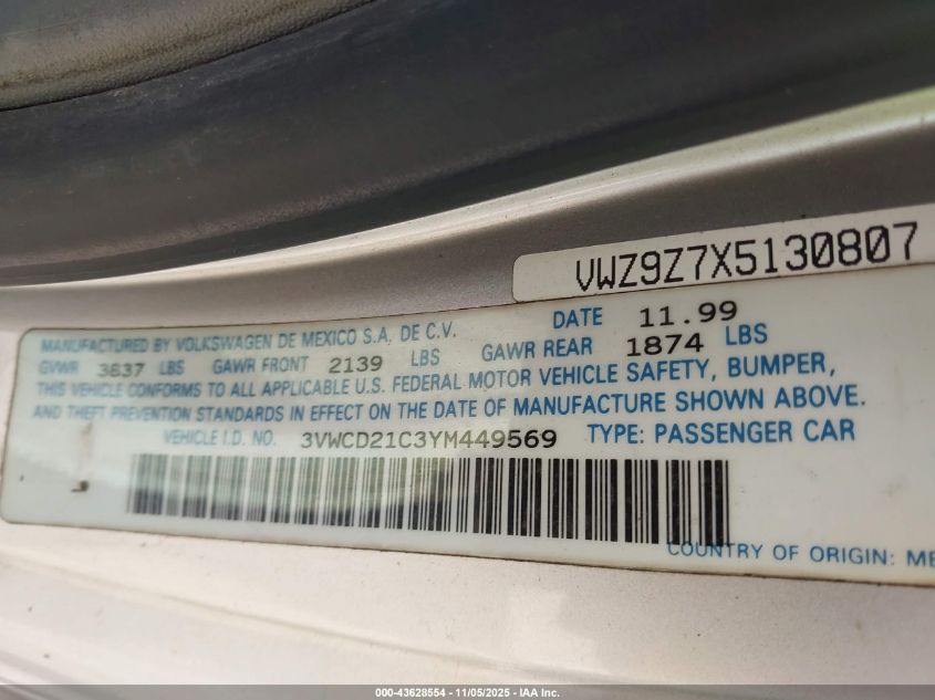 2000 Volkswagen New Beetle Gls 1.8L Turbo VIN: 3VWCD21C3YM449569 Lot: 43628554