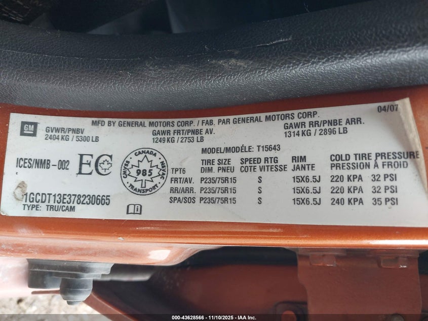 1GCDT13E378230665 2007 CHEVROLET COLORADO photo no. 9