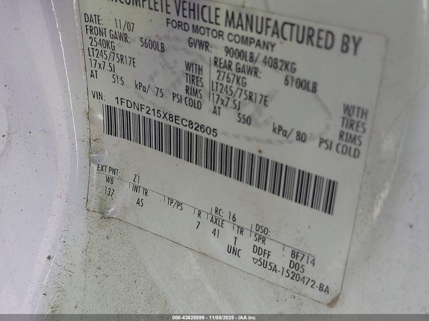 2008 Ford F-250 Xl/Xlt VIN: 1FDNF215X8EC82605 Lot: 43628599