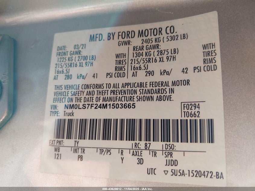 2021 Ford Transit Connect Xlt VIN: NM0LS7F24M1503665 Lot: 43628612