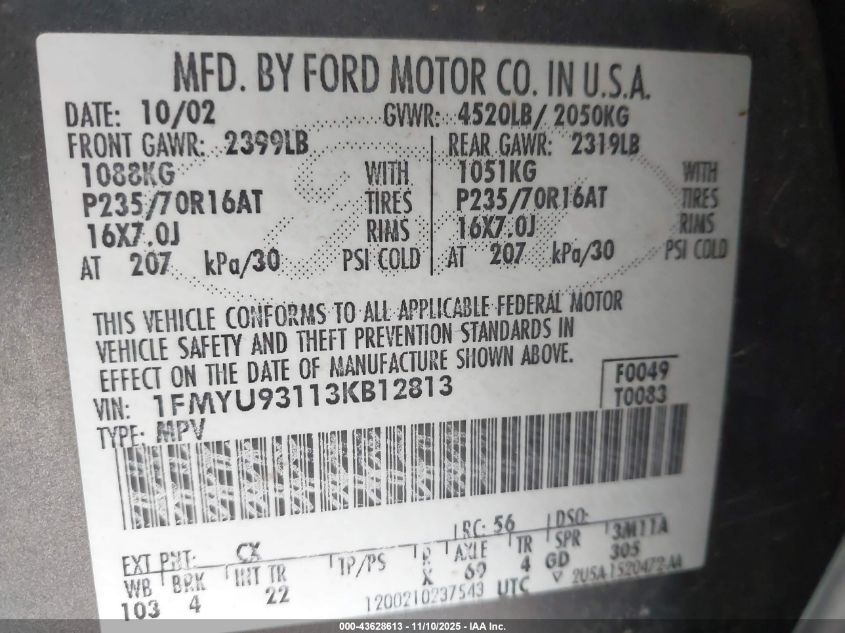 2003 Ford Escape Xlt VIN: 1FMYU93113KB12813 Lot: 43628613