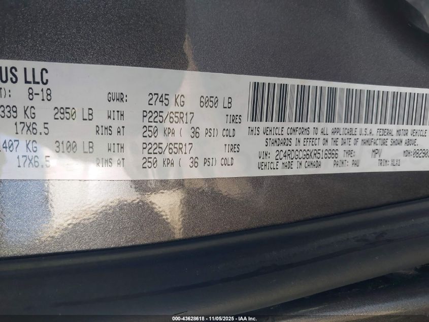 2019 Dodge Grand Caravan Sxt VIN: 2C4RDGCG6KR516966 Lot: 43628618