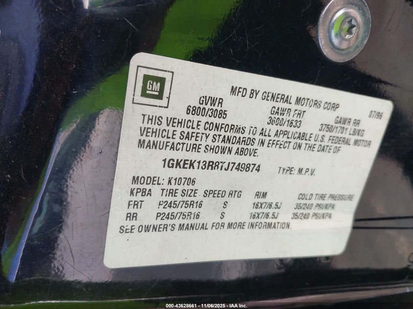 1996 GMC Yukon VIN: 1GKEK13R8TJ749874 Lot: 43628661