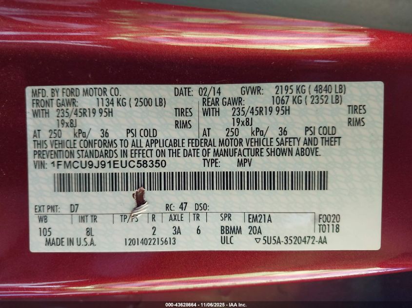 2014 Ford Escape Titanium VIN: 1FMCU9J91EUC58350 Lot: 43628664