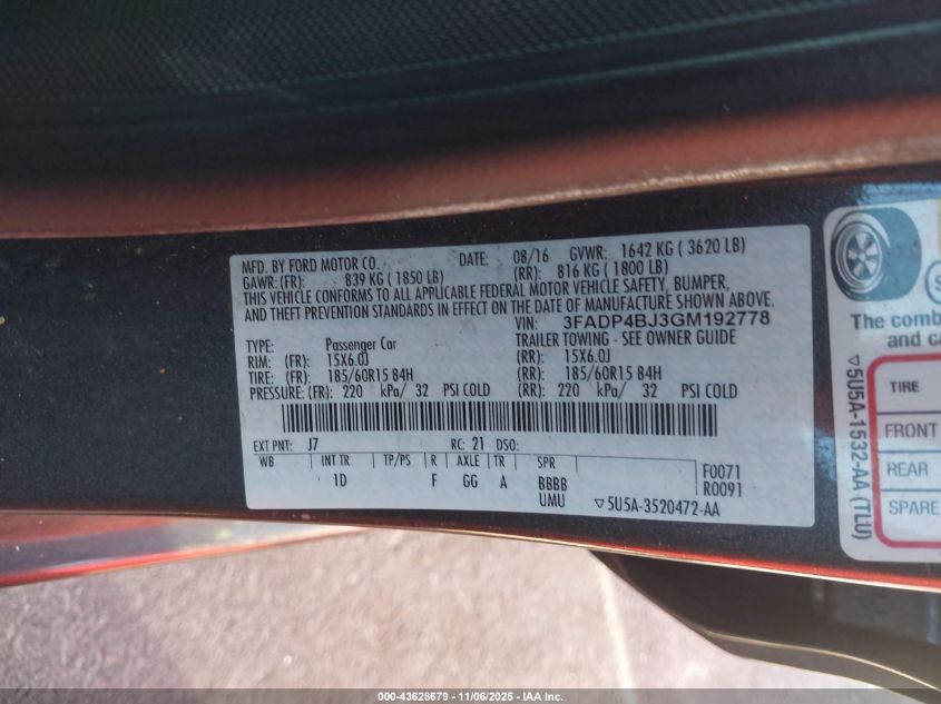 2016 Ford Fiesta Se VIN: 3FADP4BJ3GM192778 Lot: 43628679