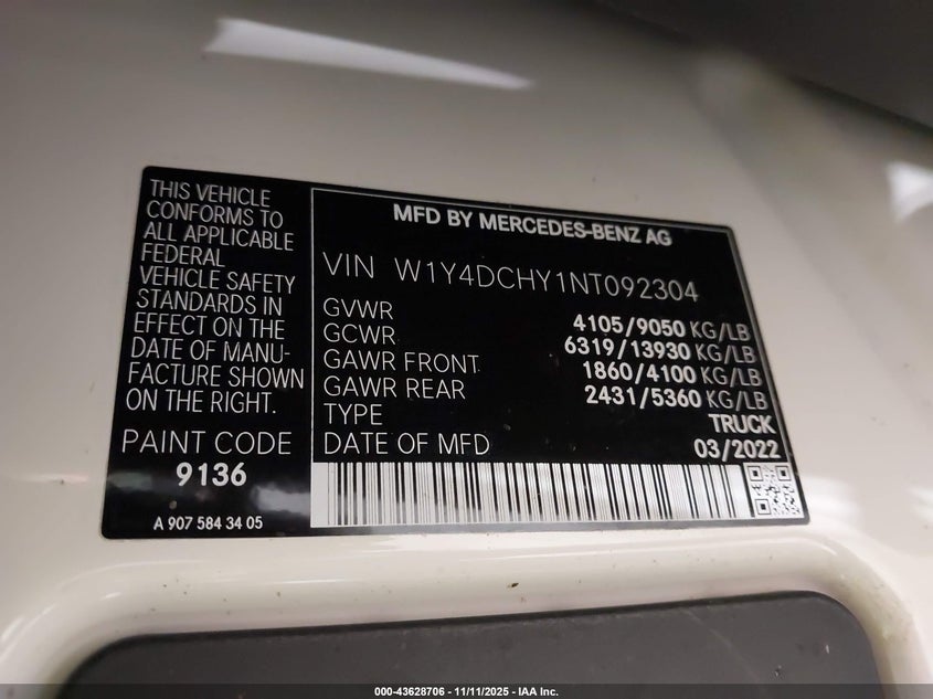 2022 Mercedes-Benz Sprinter 2500 High Roof I4 Diesel VIN: W1Y4DCHY1NT092304 Lot: 43628706