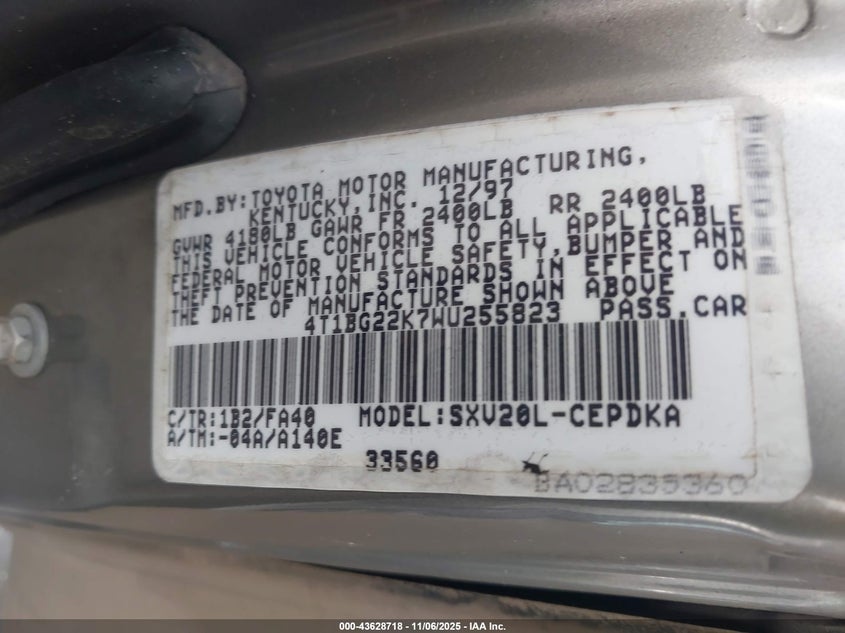 4T1BG22K7WU255823 1998 TOYOTA CAMRY photo no. 9