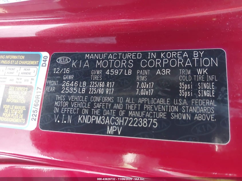 2017 KIA SPORTAGE LX KNDPM3AC3H7223875