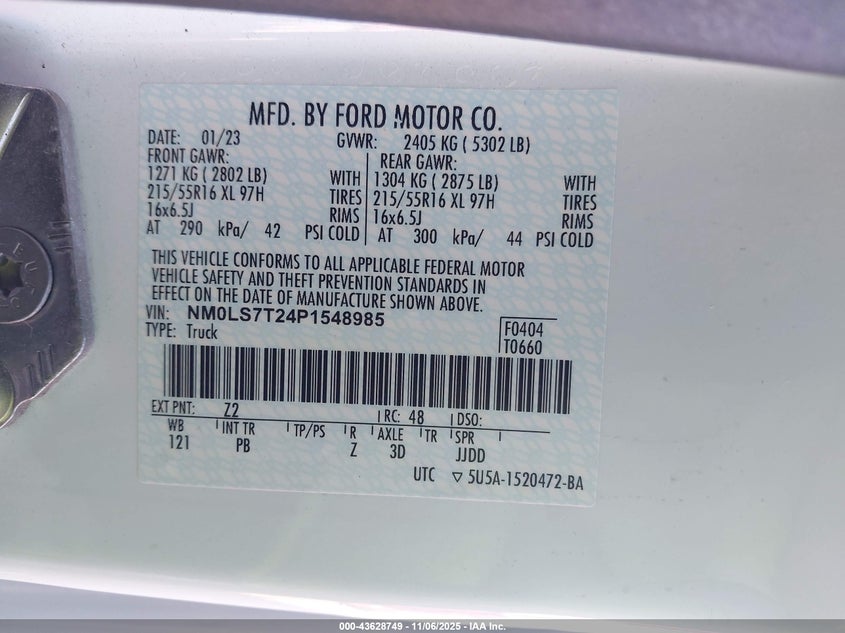 2023 Ford Transit Connect Xlt VIN: NM0LS7T24P1548985 Lot: 43628749